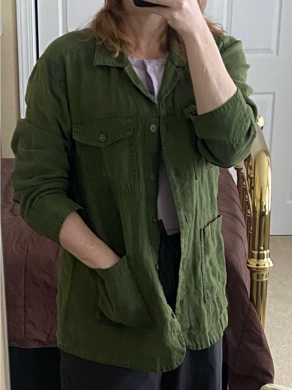 100% Linen Olive Green Lightweight Utility Jacket